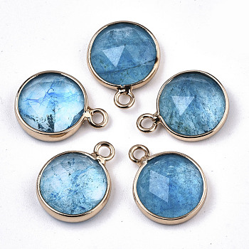 Glass Charms, with Light Gold Tone Brass Findings, Flat Round, Faceted, Deep Sky Blue, 14x11x5mm, Hole: 1.5mm