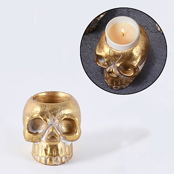 Halloween Skull Resin Candle Holders, Tealight Candlesticks, Home Tabletop Centerpiece Decoration, Gold, 80.5x67x63mm, Inner Diameter: 40x15.5mm