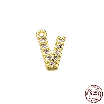 Real 18K Gold Plated 925 Sterling Silver Micro Pave Clear Cubic Zirconia Charms, Initial Letter, Letter V, 8.5x5.5x1mm, Hole: 0.9mm