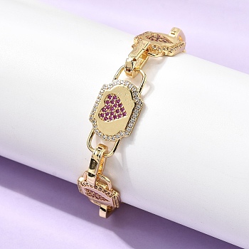 Brass Micro Pave Cubic Zirconia Link Chain Bracelets for Women, Heart, Rack Plating, Long-Lasting Plated, Cadmium Free & Lead Free, Real 18K Gold Plated, 7.36 inch(18.7cm)