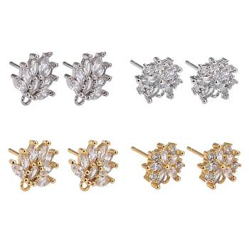 4 Pairs 2 Style Brass Mirco Pave Clear Cubic Zirconia Stud Earring Findings, with Loop, Flower, Golden & Platinum, 4pairs/Box