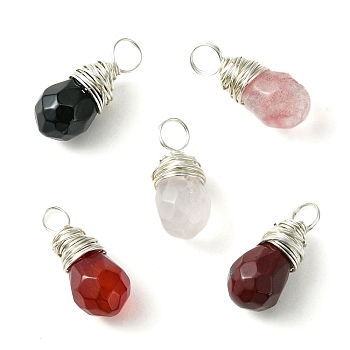 Natural & Synthetic Mixed Gemsotone Faceted Teardrop Charms with Eco-Friendly Copper Wire Wrapped, Silver, 14.5~15x6~6.5x6~6.5mm, Hole: 3mm