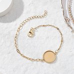 304 Stainless Steel Paperclip Chain Satellite Chain Bracelet Making, with Flat Round 304 Stainless Steel Cabochon Settings, Golden, 6.77 inch(17.2cm), Tray: 14mm(BJEW-JB13073-01)