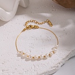 5MM Natural Freshwater Pearl Round Beaded Bracelets, with 304 Stainless Steel Chains, White, Real 18K Gold Plated, 6-3/4 inch(17cm)(KK2160-2)