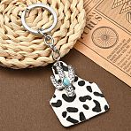 Cowhide Leather & Alloy Keychain, with Alloy Rings, Old Lace, 10.6cm, Pendant: 30~52mm(KEYC-YW00093-01)