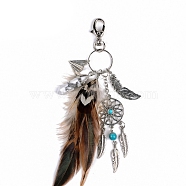 Bohemian Woven Net/Web with Feather Alloy Pendant Decorations with Howlite Bullet Charm and Plane Charms, for Keychain, Purse, Backpack Ornament, Coconut Brown, 100mm(BOHO-PW0001-067B)
