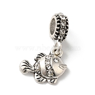 Alloy Clear Rhinestone European Dangle Charms, Large Hole Animal Pendants, Antique Silver, Fish, 22mm, Pendant: 12x14x4mm, Hole: 5mm(MPDL-R050-01AS-03)