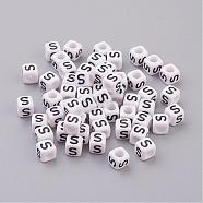 Acrylic Horizontal Hole Letter Beads, Cube, White, Letter S, Size: about 6mm wide, 6mm long, 6mm high, hole: about 3.2mm, about 2600pcs/500g(PL37C9308-S)