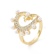 Brass Micro Pave Cubic Zirconia Open Rings, Moon & Star with Plastic Imitation Pearl Cuff Rings for Women, Real 18K Gold Plated, 2.5mm, Inner Diameter: US Size 6 3/4(17mm)(RJEW-J017-VC206)
