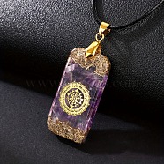 Resin with Natural Amethyst Chips Inside Rectangle Pendant Necklace, Chakra Theme Necklace, 19.69 inch(50cm)(PW-WG89894-02)