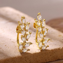 Brass Pave Cubic Zirconia Stud Earrings for Women, Leaf, Golden, 25x9mm(KK-CBADCD7-01G)