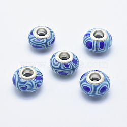 Handmade Polymer Clay European Beads, with Silver Color Plated Brass Cores, Large Hole Beads, Rondelle, Deep Sky Blue, 13~16x8~11mm, Hole: 4.5~5mm(CLAY-K002-C09)