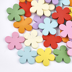 Painted Natural Wooden Cabochons, Flower, Mixed Color, 34x34x4mm(X-WOOD-Q040-007-M)