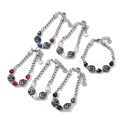 Natural Mixed Gemstone Star Cut Round Beaded Bracelets, Tree of Life 201 Stainless Steel Bracelets for Women, Stainless Steel Color, 21.3cm(BJEW-Q777-01)