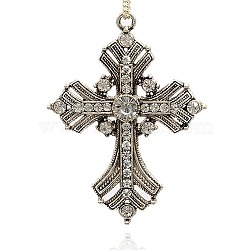 Alloy Latin Cross Clenched Large Gothic Pendants, with Rhinestone, Antique Silver, Crystal, 74x54x8mm, Hole: 3mm(ALRI-J030-01AS)