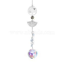 Glass Pendant Decorations, Hanging Suncatcher, with Metal Tree of Life & Fan Link, for Home Decorations, Round, 350mm(PW-WG69145-02)