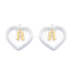 201 Stainless Steel Pendants, Hollow, Heart with Letter A~Z, Real Gold Plated & Stainless Steel Color, Letter.R, 29x29.5x1mm, Hole: 2mm, A~Z: 12x8~10.5x1mm(STAS-N090-LA894-R-P)
