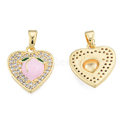 Brass Micro Pave Clear Cubic Zirconia Pendants, with Enamel, Real 18K Gold Plated, Nickel Free, Heart with Peach, Pearl Pink, 15.5x14x3.5mm, Hole: 2.5x4mm(KK-N233-425)