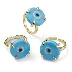 Lampwork Evil Eye Open Cuff Ring, Light Gold Brass Lucky Jewelry for Women, Lead Free & Cadmium Free, Sky Blue, US Size 6 1/4(16.7mm)(RJEW-M147-01LG-02)