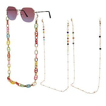 Eyeglasses Chains, Neck Strap for Eyeglasses, Including Brass Cable Chains, Glass Beads, Acrylic, CCB Plastic Coffee Bean Chains, 304 Stainless Steel Lobster Claw Clasps and Rubber Loop Ends, Mixed Color, 3pcs/set