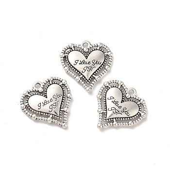 Tibetan Style Alloy Pendants, Heart with Word I Love You Charm, Antique Silver, 20x19.5x2.5mm, Hole: 1.5mm, about 312pcs/500g.