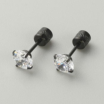 Cubic Zirconia Diamond Stud Earrings, Gunmetal Titanium Steel Jewelry for Women, Clear, 6mm, Pin: 0.9mm