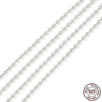 Rhodium Plated 925 Sterling Silver Ball Chains, Unwelded, Platinum, 2mm