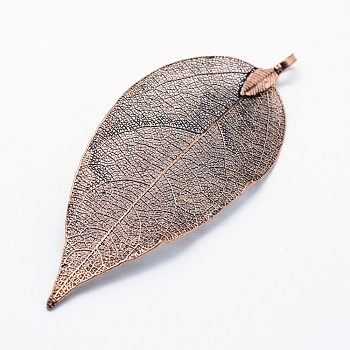 Brass Plated Natural Leaf Big Pendants, Long-Lasting Plated, Leaf, Red Copper, 52~86x23~46x0.5~3mm, Hole: 3x5.5mm