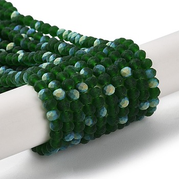 Transparent Glass Beads Strands, Faceted, Frosted, Half AB Color Plated, Rondelle, Dark Green, 4~4.5x3.5~4mm, Hole: 1mm, about 117~121pcs/strand, 16.61~16.73 inch(42.2~42.5cm)