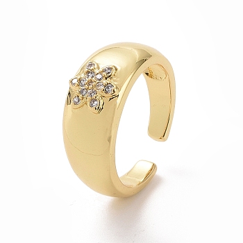 Clear Cubic Zirconia Flower Open Cuff Ring, Brass Jewelry for Women, Golden, Inner Diameter: 16.8mm