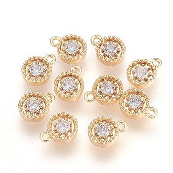 Brass Cubic Zirconia Charms, Nickel Free, Real 18K Gold Plated, Flat Round, 7x5x2mm, Hole: 1mm