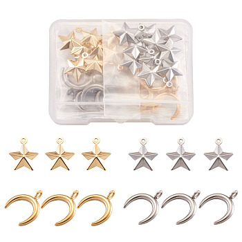 304 Stainless Steel Pendants, Star & Crescent Moon, Golden & Stainless Steel Color, 15x12x4mm, 16.5x14.5x2mm, Hole: 1mm & 2.3mm, 40pcs/box