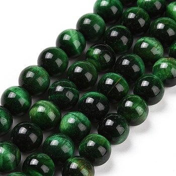 Natural Green Tiger Eye Beads Strands, Dyed & Heated, Round, Green, 10mm