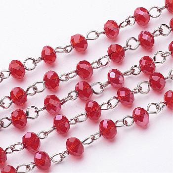 Handmade Rondelle Glass Beads Chains for Necklaces Bracelets Making, with Platinum Iron Eye Pin, Unwelded, Red, 39.3 inch, Beads: 6x4.5mm