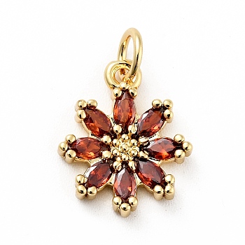 Rack Plating Brass Micro Pave Cubic Zirconia Charms, Long-Lasting Plated, Lead Free & Cadmium Free, Real 18K Gold Plated, Flower, Chocolate, 14.5x12x3mm, Hole: 3mm