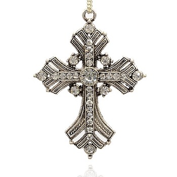 Alloy Latin Cross Clenched Large Gothic Pendants, with Rhinestone, Antique Silver, Crystal, 74x54x8mm, Hole: 3mm