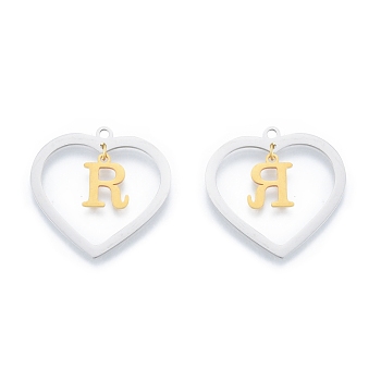 201 Stainless Steel Pendants, Hollow, Heart with Letter A~Z, Real Gold Plated & Stainless Steel Color, Letter.R, 29x29.5x1mm, Hole: 2mm, A~Z: 12x8~10.5x1mm