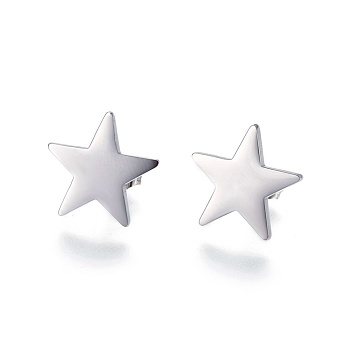 304 Stainless Steel Stud Earrings, Hypoallergenic Earrings, with Ear Nuts/Earring Back, Star, Stainless Steel Color, 15x16x1.5mm, Pin: 0.6mm, 6pairs/card
