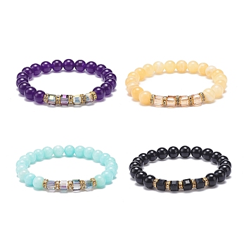 4Pcs 4 Style Natural Mixed Gemstone & Glass Cube Beaded Stretch Bracelets Set for Women, Inner Diameter: 2 inch(5cm), 1Pc/style