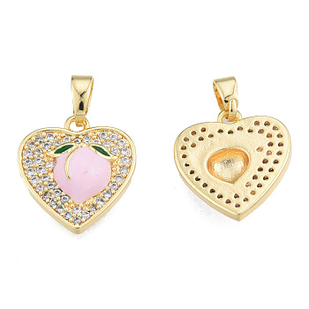 Brass Micro Pave Clear Cubic Zirconia Pendants, with Enamel, Real 18K Gold Plated, Nickel Free, Heart with Peach, Pearl Pink, 15.5x14x3.5mm, Hole: 2.5x4mm