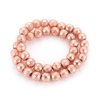 Electroplated Non-magnetic Synthetic Hematite Beads Strands, Frosted, Faceted, Round, Rose Gold Plated, 8mm, Hole: 1.4mm, about 52pcs/strand, 15.74 inch(40cm)