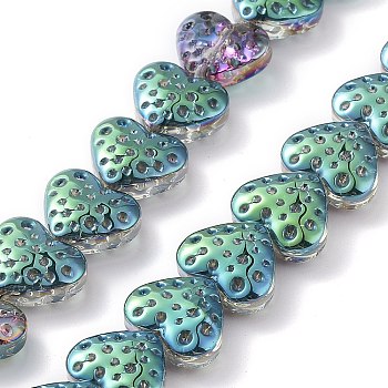 Electroplate Transparent Glass Beads Strands, Heart, Teal, 13x15mm, Hole: 1.2mm, about 50pcs/strand, 25.59''(65cm)