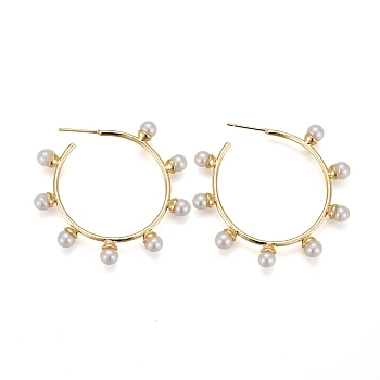 Brass Stud Earrings, Half Hoop Earrings, with Shell Pearl, Long-Lasting Plated, Ring, Real 18K Gold Plated, 45.5mm, Pin: 1mm