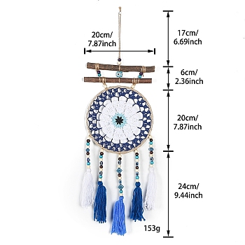 Evil Eye Wall Decor, Woven Net/Web with Feather Pendant Decorations, for Home Craft Wall Hanging, Royal Blue, 670x200mm