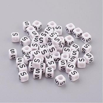 Acrylic Horizontal Hole Letter Beads, Cube, White, Letter S, Size: about 6mm wide, 6mm long, 6mm high, hole: about 3.2mm, about 2600pcs/500g