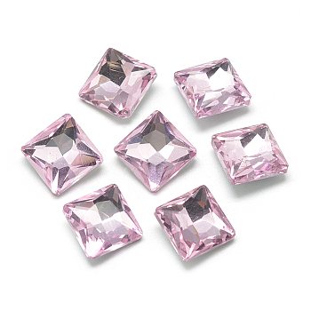 Pointed Back Glass Rhinestone Cabochons, Back Plated, Faceted, Square, Pearl Pink, 8x8x3.5mm