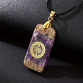 Resin with Natural Amethyst Chips Inside Rectangle Pendant Necklace, Chakra Theme Necklace, 19.69 inch(50cm)