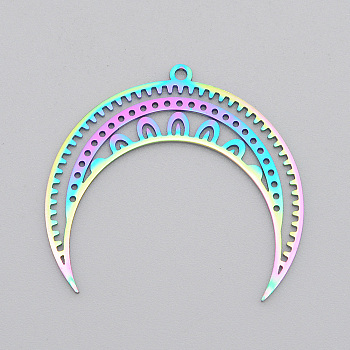 Ion Plating(IP) 201 Stainless Steel Pendants, Laser Cut, Moon, Rainbow Color, 31x34x1mm, Hole: 1.6mm