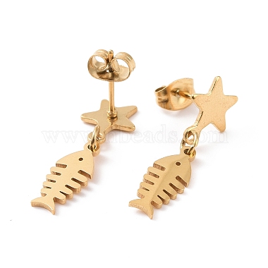 304 Stainless Steel Fishbone with Star Dangle Stud Earrings for Women(EJEW-G328-11)-3
