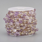 Handmade Natural Amethyst Beaded Chains, with Rondelle Glass Beads and Brass Cable Chains, Long-Lasting Plated, Unwelded, with Spool, Nuggets, Golden, Link: 2.5x1x0.3mm, Gemstone Beads: 6~12x6~6.5x4~4.5mm, Glass Beads: 4x3mm, about 32.8 Feet(10m)/roll(CHC-I031-11B)